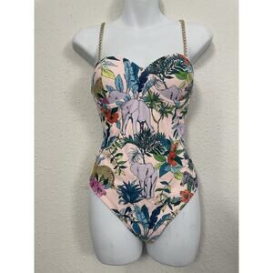 TROPICAL JUNGLE ONE PIECE FLORAL SWIMSUIT Size S SUMMER L CHAIN STRAP NWOT